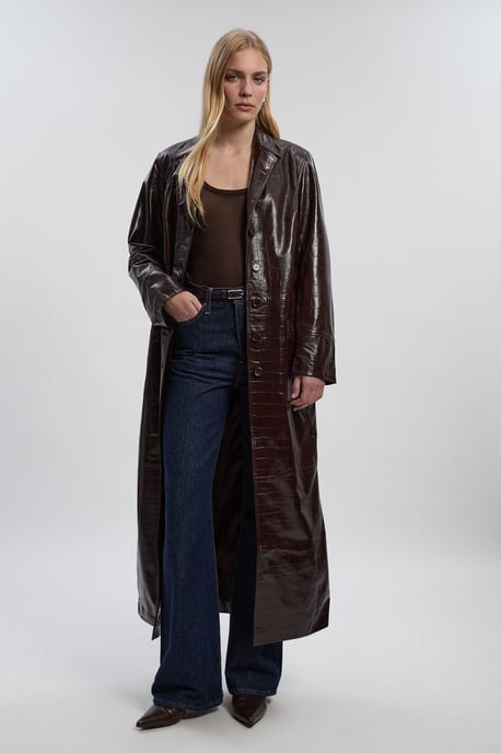 High Shine Croc Embossed Leather Belted Trench Coat - Image 2