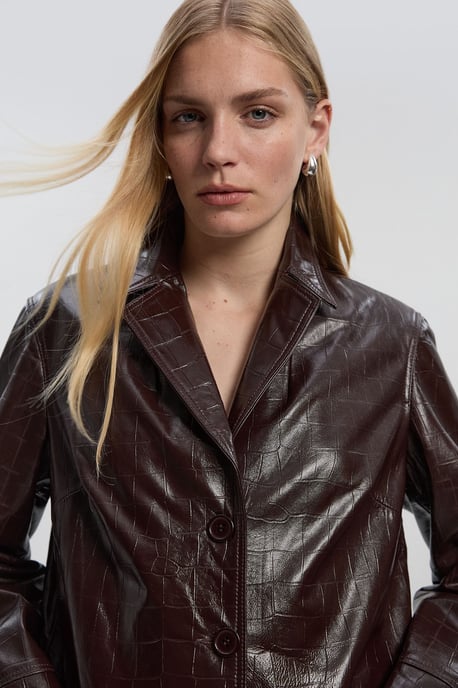 High Shine Croc Embossed Leather Belted Trench Coat - Image 3