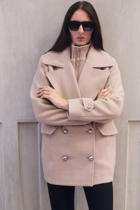Wool Detachable Knitted Neck Tailored Double Breasted Pea Coat - Image 1