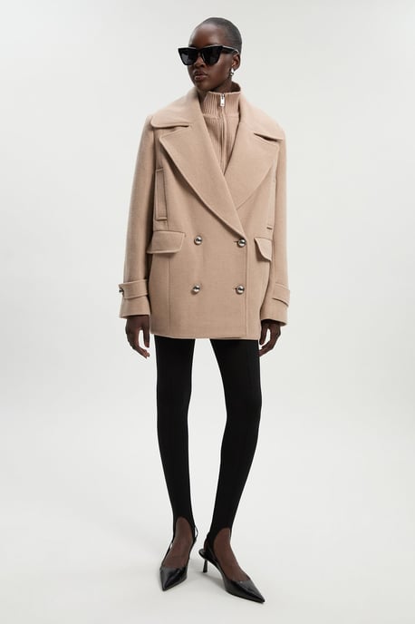 Wool Detachable Knitted Neck Tailored Double Breasted Pea Coat - Image 2