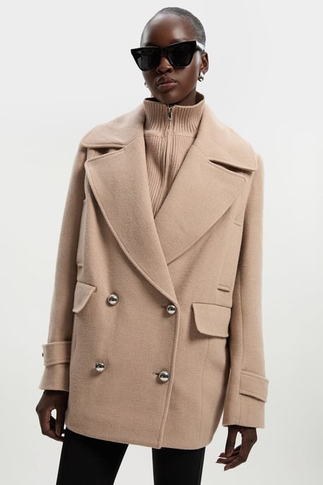 Wool Detachable Knitted Neck Tailored Double Breasted Pea Coat - Image 3