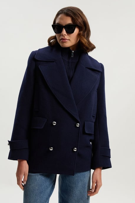 Wool Detachable Knitted Neck Tailored Double Breasted Pea Coat - Image 1