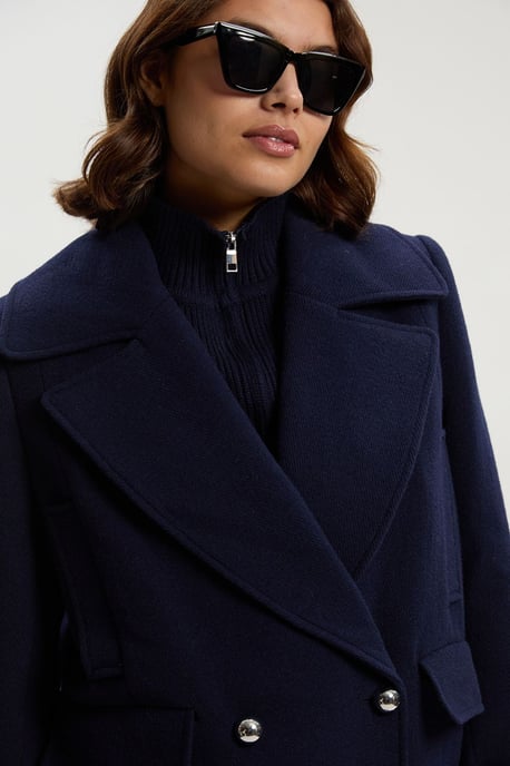 Wool Detachable Knitted Neck Tailored Double Breasted Pea Coat - Image 2