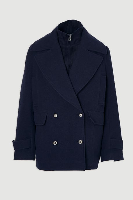 Wool Detachable Knitted Neck Tailored Double Breasted Pea Coat - Image 4