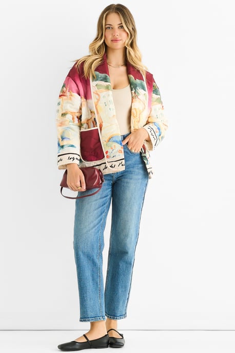 Burgundy Water Print Lightweight Quilted Jacket - Image 1