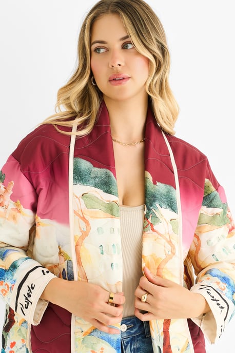 Burgundy Water Print Lightweight Quilted Jacket - Image 2