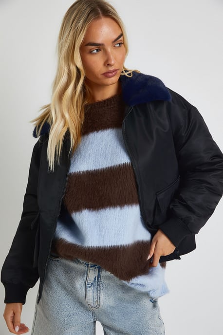 Faux Fur Trim Bomber Jacket - Image 1