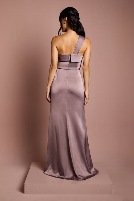Asymmetric Neckline Satin Bridesmaid Maxi Dress - Image 3