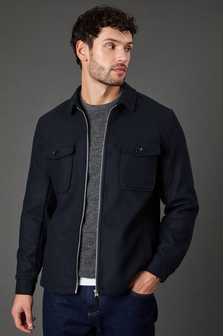Navy Wool Look Harrington Jacket - Image 1