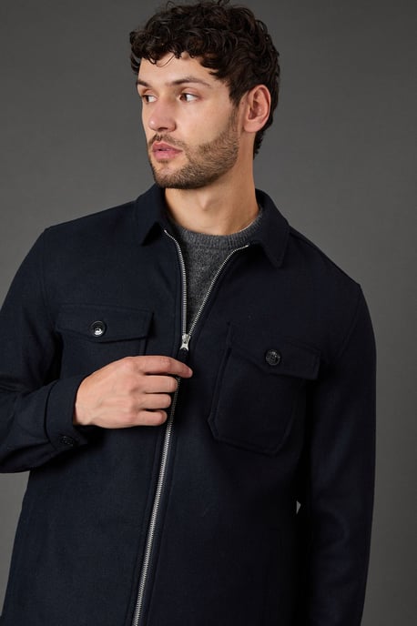 Navy Wool Look Harrington Jacket - Image 3