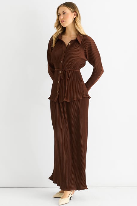 Chocoladekleurige plissé maxi-rok met elastische tailleband - Image 3