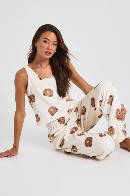 Tall Bear Print Fleece Cami Top & Wide Leg Trousers Lounge Set - Image 1