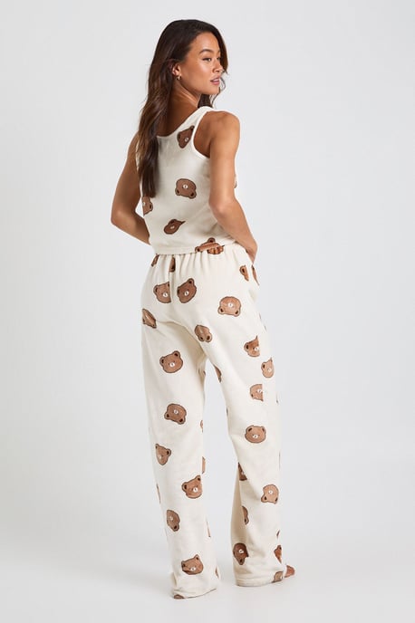 Tall Bear Print Fleece Cami Top & Wide Leg Trousers Lounge Set - Image 2