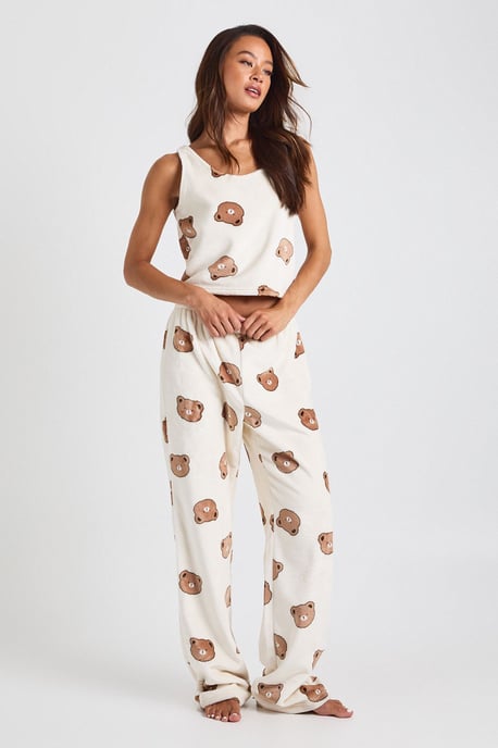 Tall Bear Print Fleece Cami Top & Wide Leg Trousers Lounge Set - Image 3