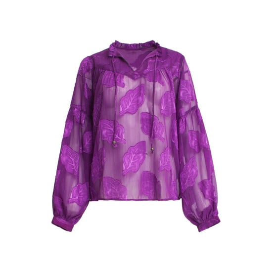 Smashed Lemon 24698 paarse chiffon jacquard v-hals top met bladmotief - Image 2
