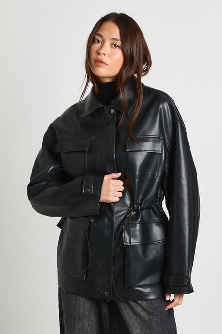 Faux Leather Pocket Detail Cinch Waist Jacket - Image 1