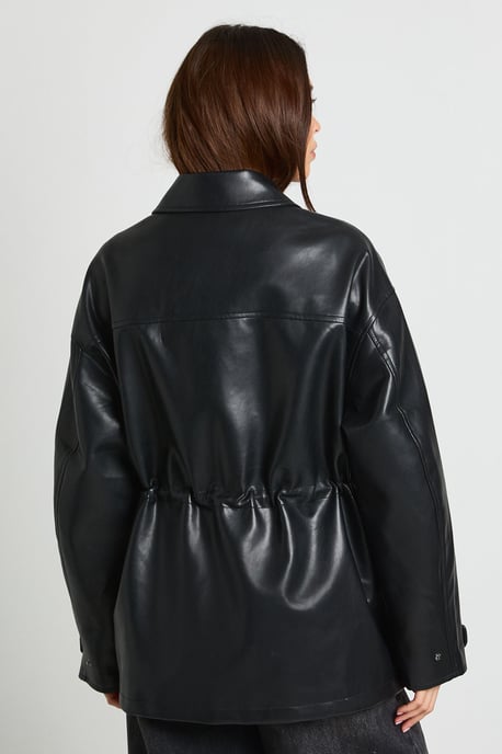 Faux Leather Pocket Detail Cinch Waist Jacket - Image 2