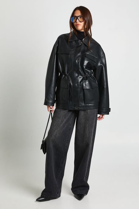 Faux Leather Pocket Detail Cinch Waist Jacket - Image 3