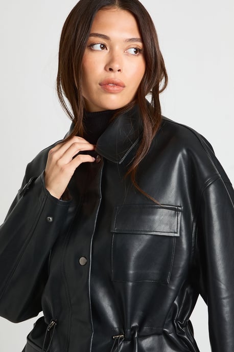 Faux Leather Pocket Detail Cinch Waist Jacket - Image 4