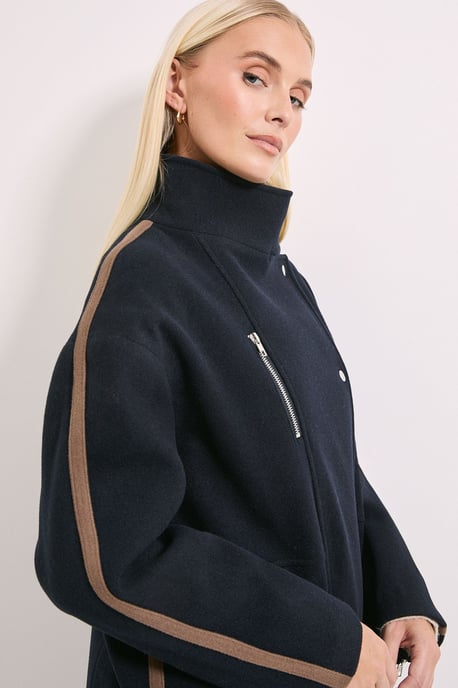 Funnel Neck Zip Detail Colourblock Longline Coat - Image 2