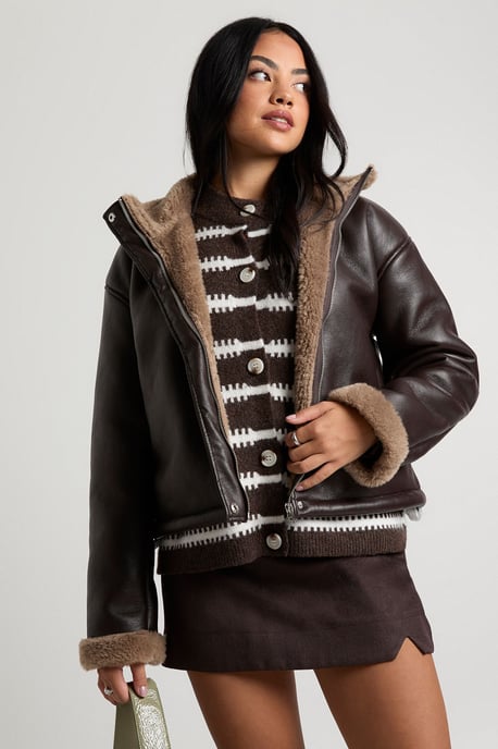 Fur Lined High Neck Aviator Jacket - Image 3
