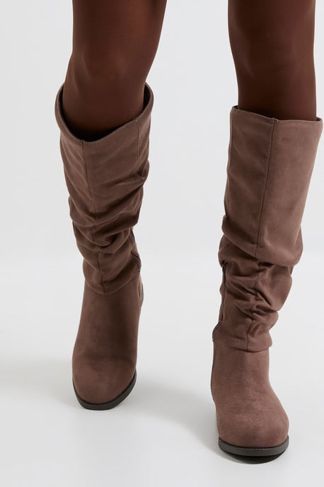 Karina Faux Suede Flat Knee High Ruched Boots - Image 2