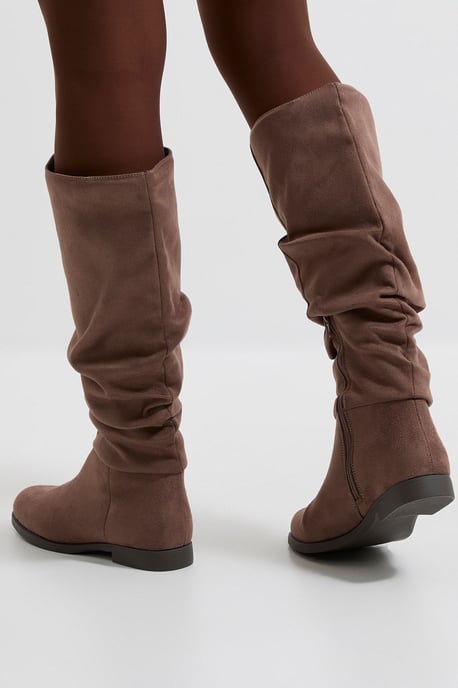 Karina Faux Suede Flat Knee High Ruched Boots - Image 4