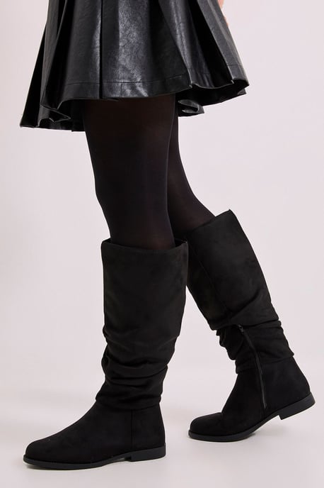Karina Faux Suede Flat Knee High Ruched Boots - Image 2