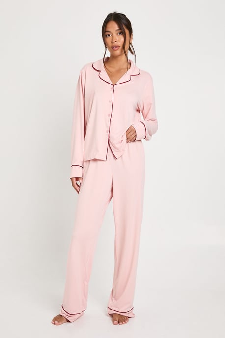 Jersey Piping Detail Long Sleeve Shirt & Trousers Pyjama Set - Image 1
