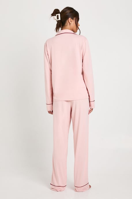 Jersey Piping Detail Long Sleeve Shirt & Trousers Pyjama Set - Image 2