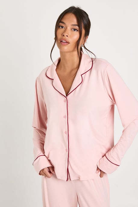 Jersey Piping Detail Long Sleeve Shirt & Trousers Pyjama Set - Image 3