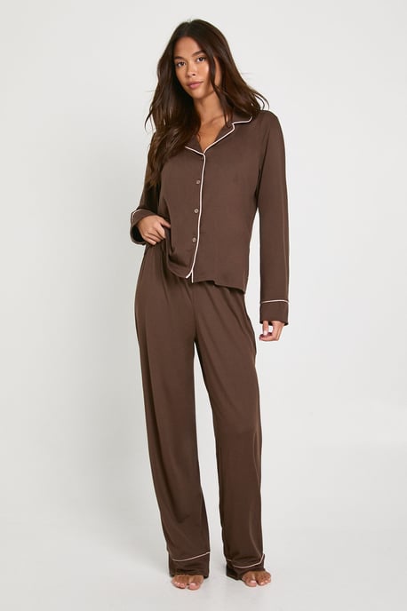 Jersey Piping Detail Long Sleeve Shirt & Trousers Pyjama Set - Image 3