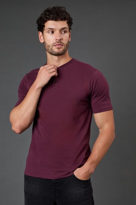 Burgundy Grandad Neck T-Shirt - Image 1