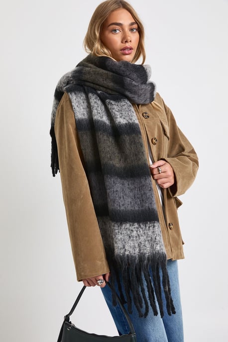 Oversized Stripe Tassel Fluffy Scarf - Image 1