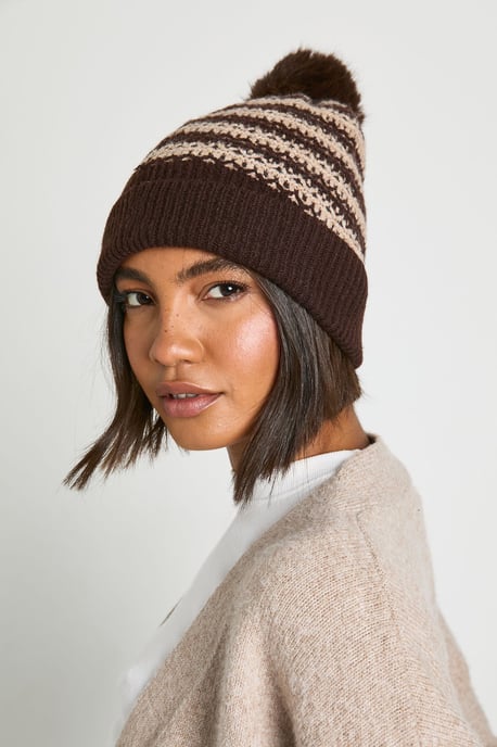 Striped Pom Pom Knitted Beanie - Image 1
