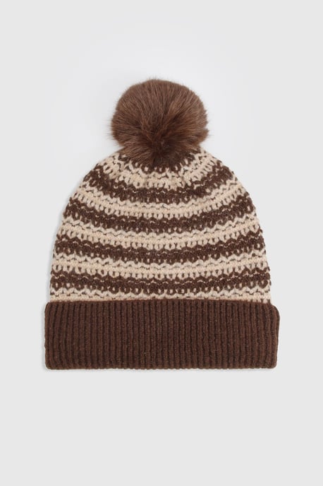 Striped Pom Pom Knitted Beanie - Image 2