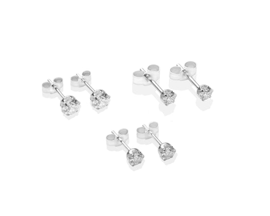 Set of 3 Pairs Sterling Silver 3mm, 4mm and 5mm White Cubic Zirconia Stud Earrings - Image 1