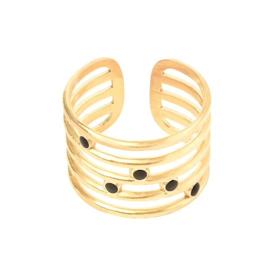 Gold Plated Stacked Black Enamel Ring - Adjustable Ring - Image 2