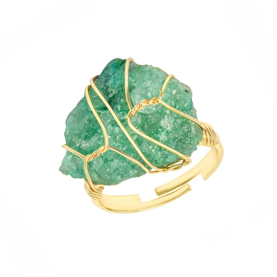 Gold Plate Raw Stone Wire Wrap Ring - Jade - Adjustable Ring - Image 1