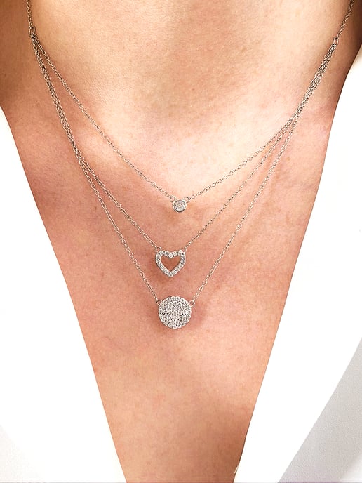 Sterling Silver Triple Chain White Cubic Zirconia Heart And Disc Necklace - Image 3