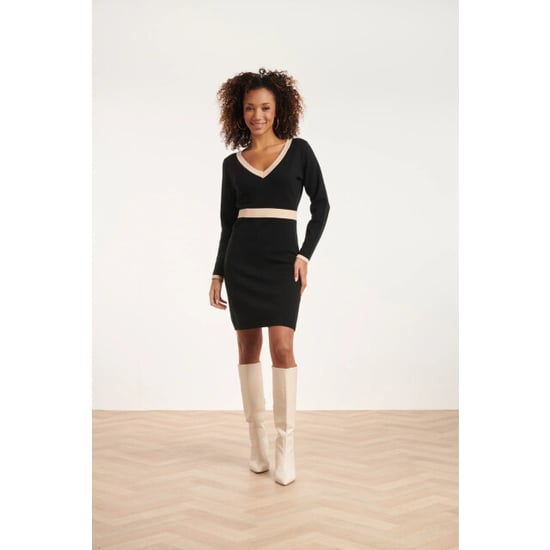 Smashed Lemon 24632 beige bicolor gebreide jurk met v-hals | - Image 3