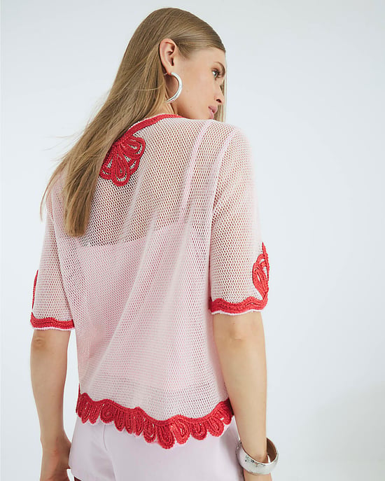 River Island Womens Top Pink Mesh Short Sleeve Embroidered - Image 2