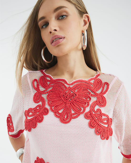 River Island Womens Top Pink Mesh Short Sleeve Embroidered - Image 4