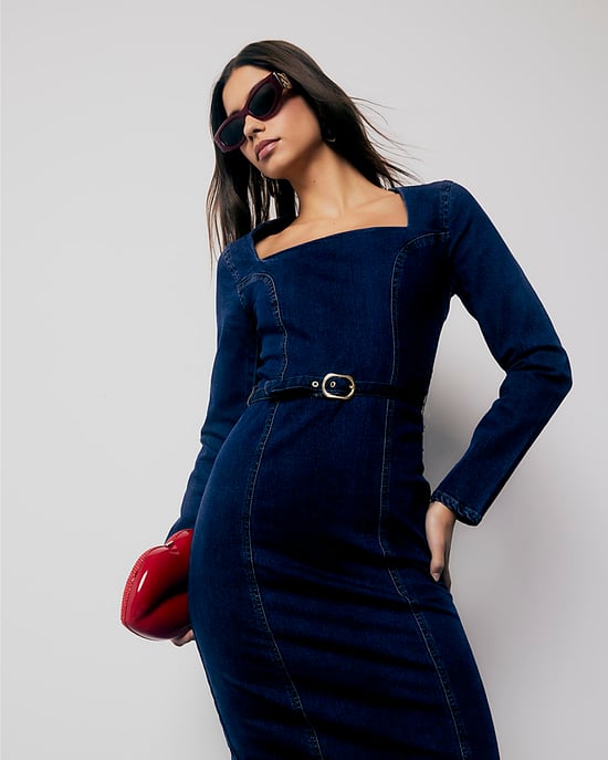 River Island Womens Midi Bodycon Dress Blue Denim Long Sleeve Belted