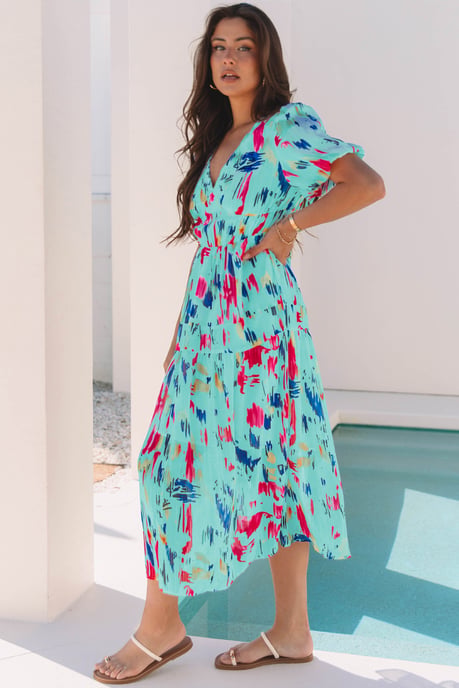 Abstract Print Midi Dress Flutter Sleeves - Image 3