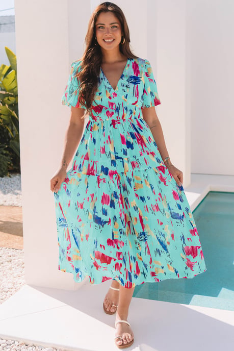 Abstract Print Midi Dress Flutter Sleeves - Image 5