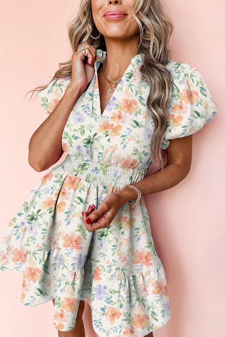 Floral Mini Dress Tiered Skirt Puff Sleeves - Image 1
