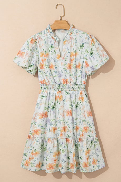 Floral Mini Dress Tiered Skirt Puff Sleeves - Image 3