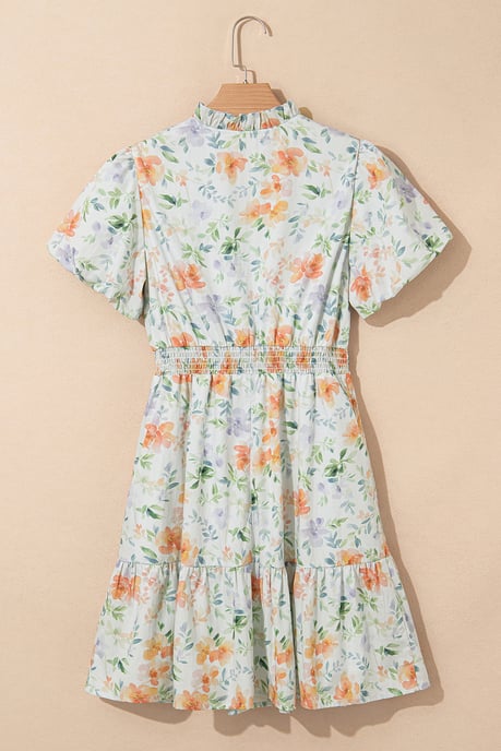 Floral Mini Dress Tiered Skirt Puff Sleeves - Image 4