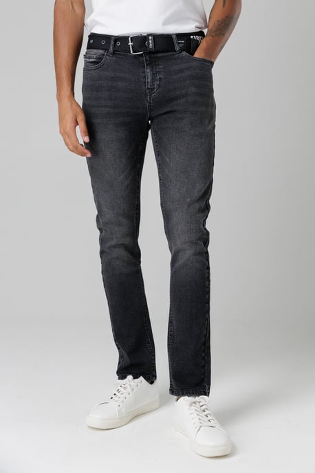 Black Slim Fit Jeans With Branded Cotton Belt And Contrast Stitching - Image 1
